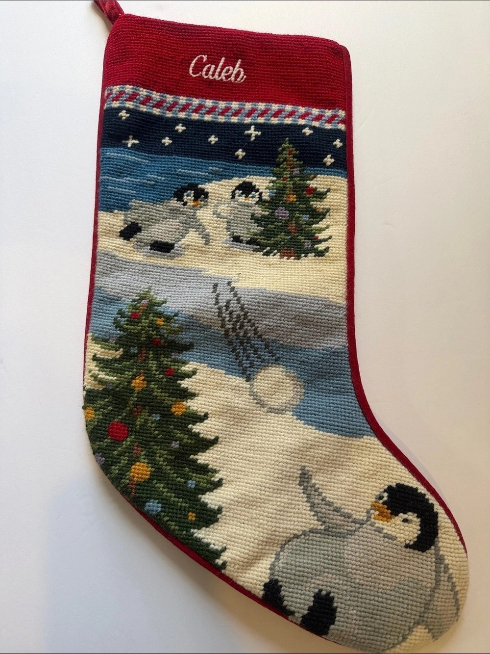 Caleb Needlepoint Christmas Stocking Red & Blue Like New